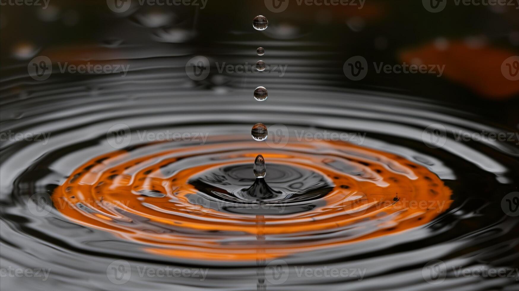 AI generated Water droplets creating ripple effect on reflective orange surface photo