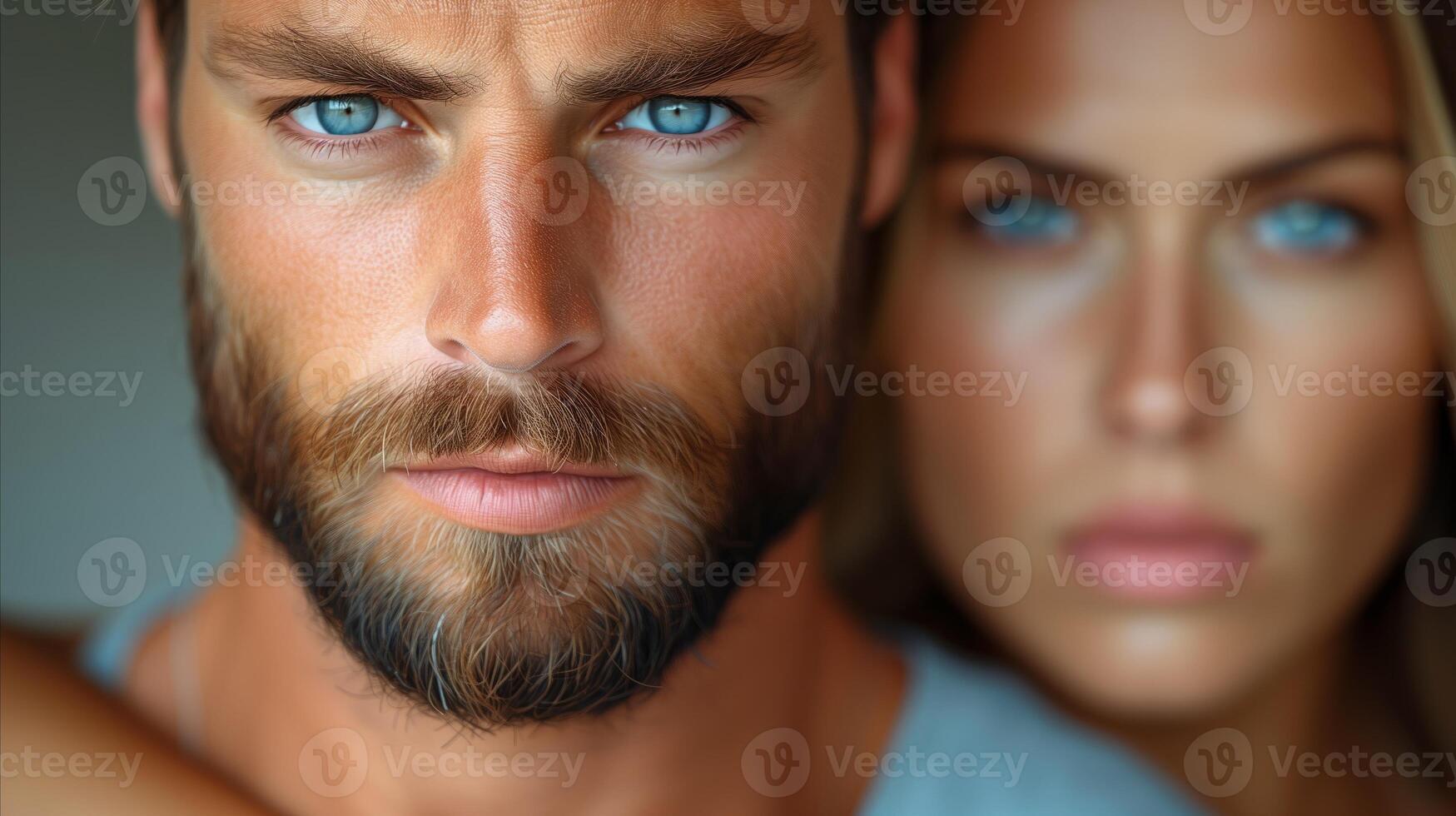 AI generated Close-Up Portrait of a Man and Woman With Striking Blue Eyes photo