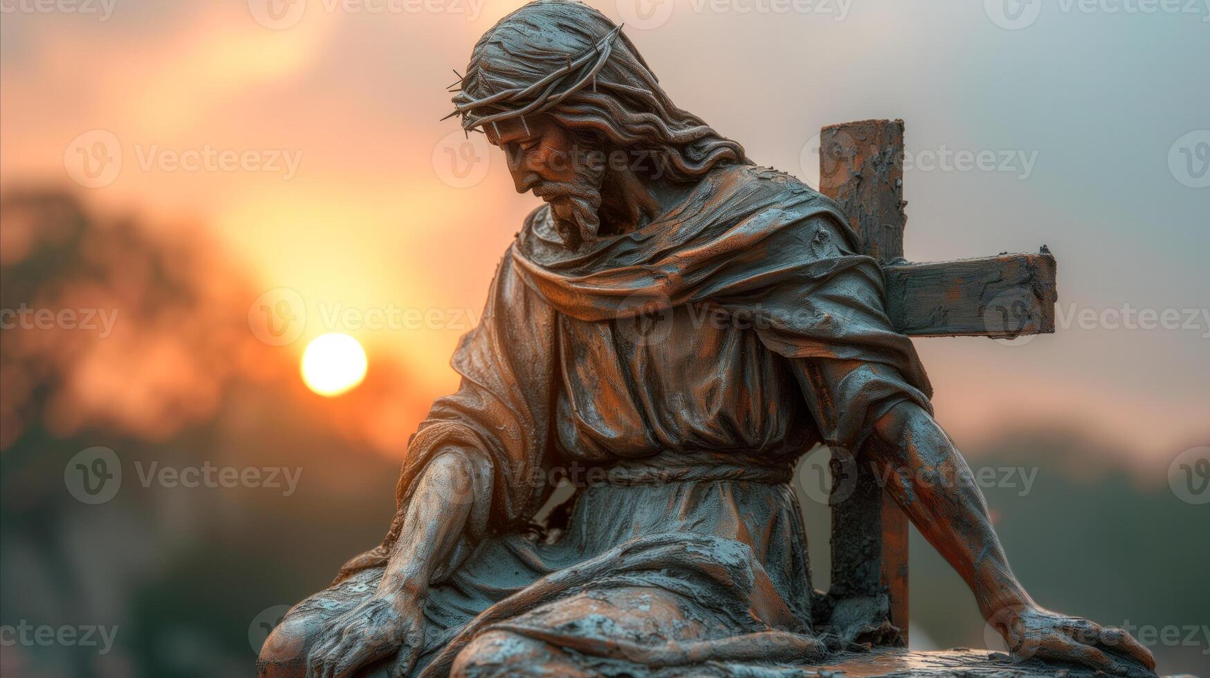 AI generated Serene jesus statue at sunset,  Religious symbolism and peace photo