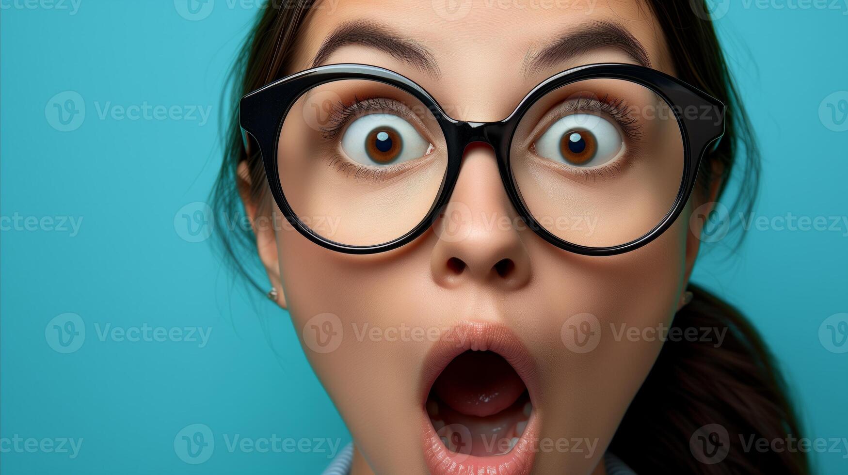 AI generated Surprised young woman with glasses over blue background photo