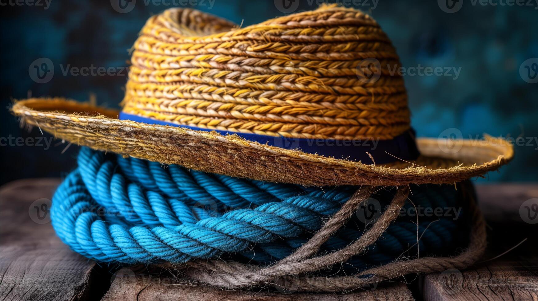 AI generated Straw Hat Resting on a Coil of Blue Rope photo