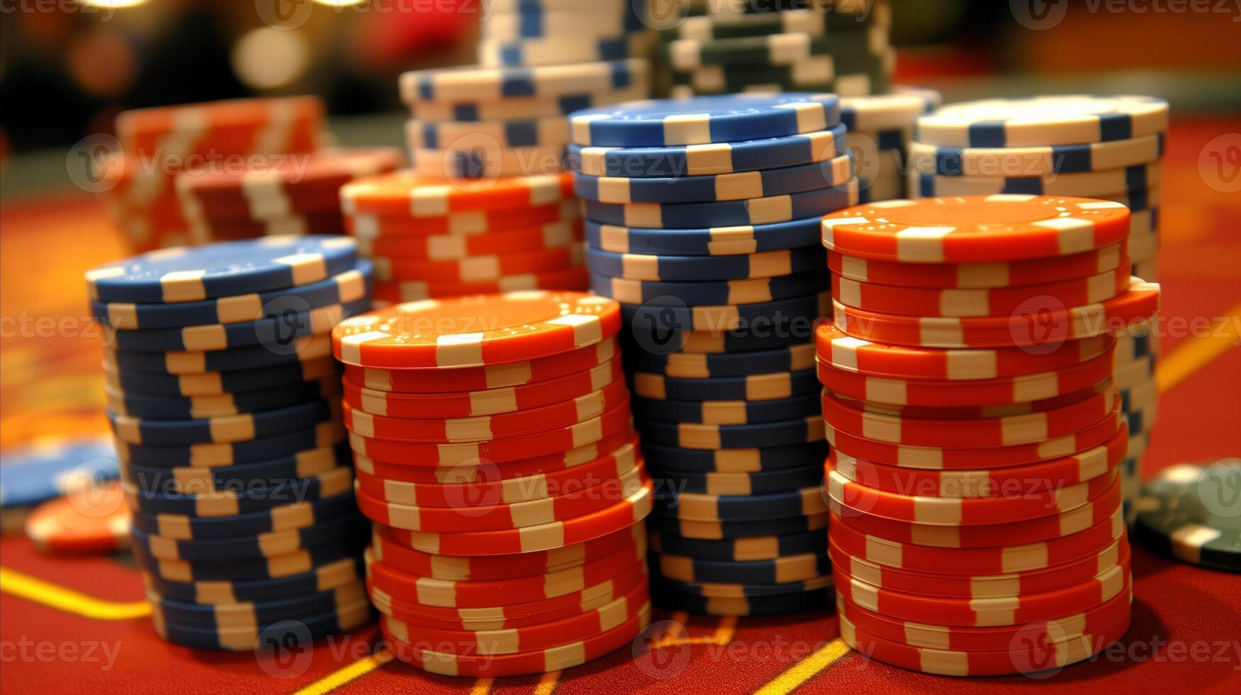 AI generated Stacks of poker chips on a vibrant casino table photo