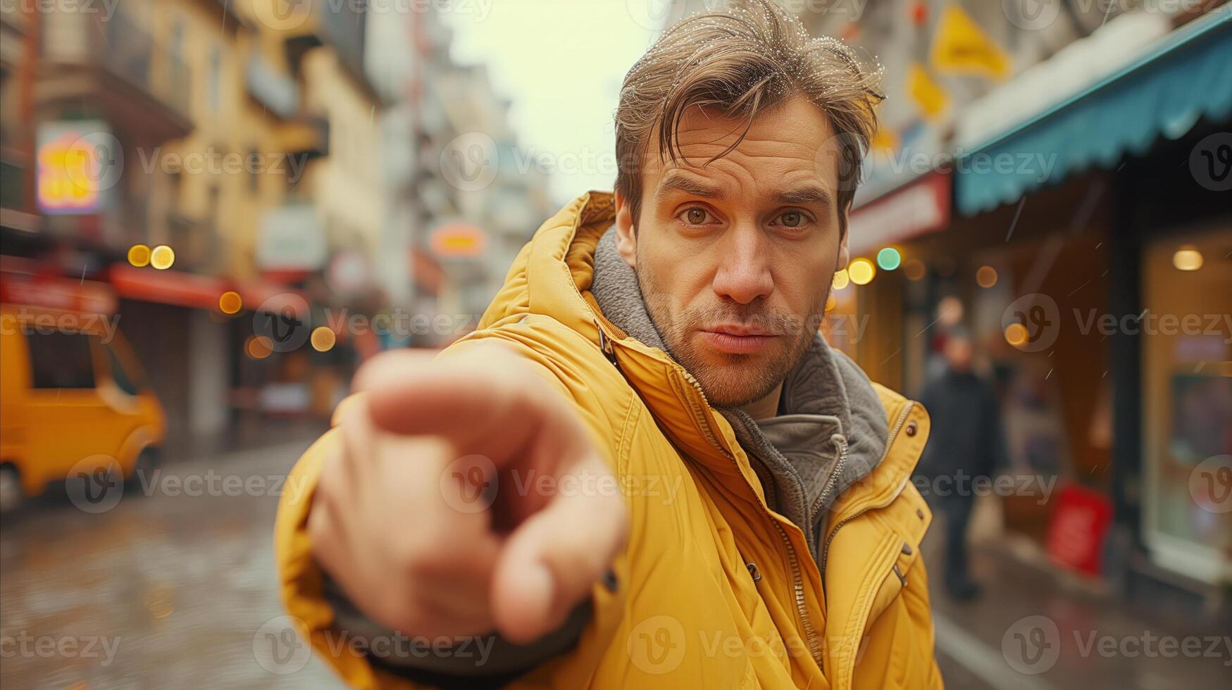 AI generated Man in Yellow Jacket Pointing on a Busy City Street photo