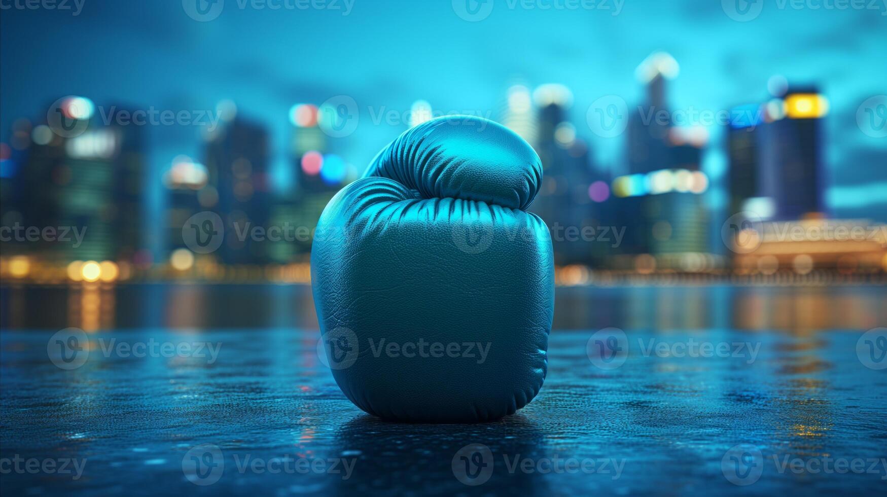 AI generated Blue boxing glove on wet surface with city skyline in background at night photo