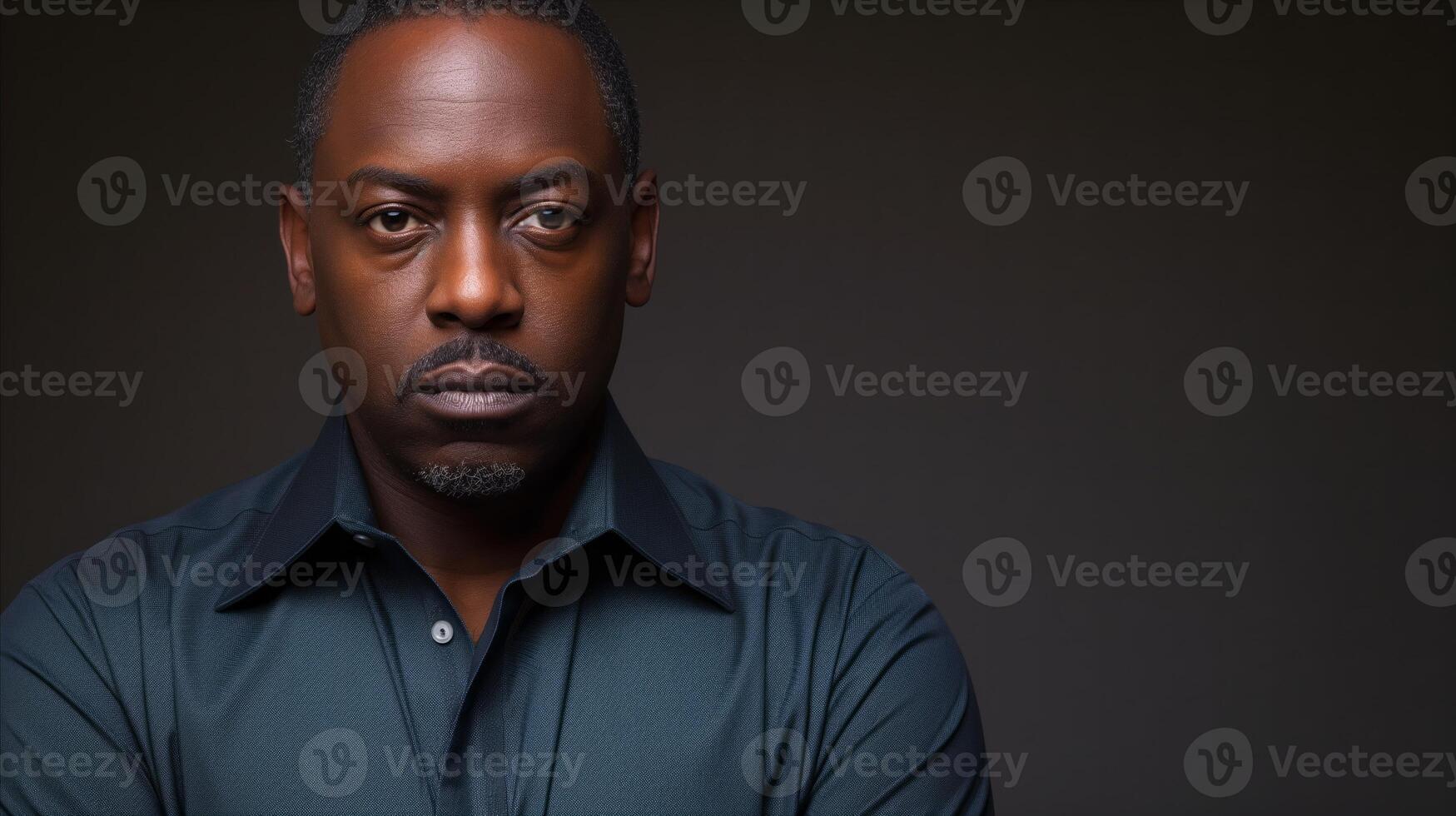 AI generated Serious african american man with intense gaze against dark background photo