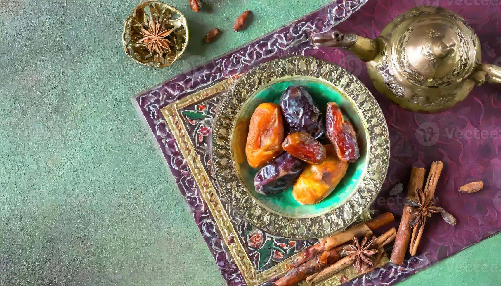 AI generated Traditional Ramadan and Eid lantern lamp with crescent moon, dates and fruits in a bowl on carpet, Generated AI photo