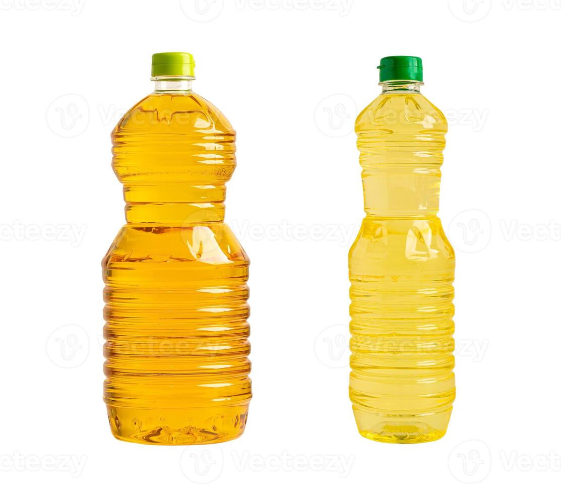 Vegetable oil in different bottle for cooking isolated on white background. photo