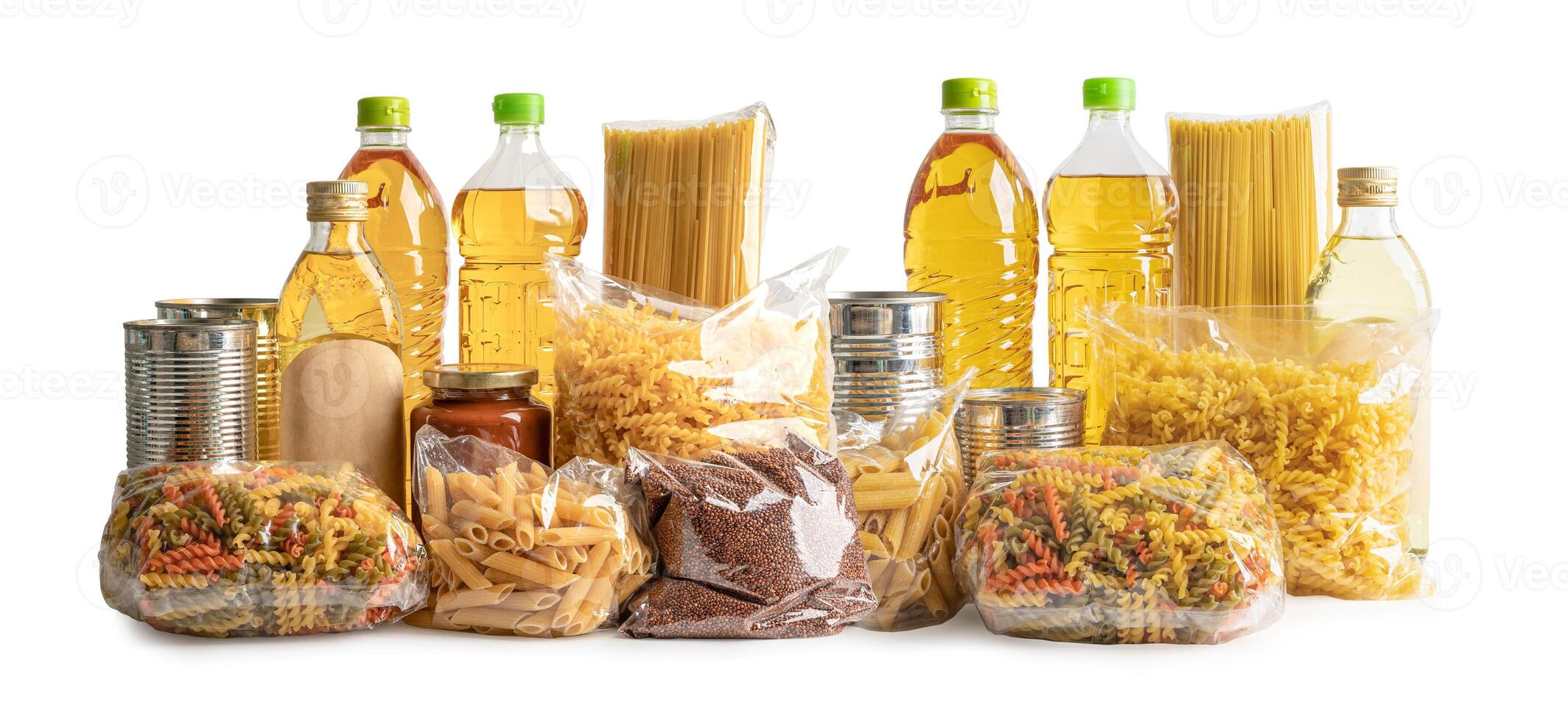 Foodstuff for donation, storage and delivery. Various food, pasta, cooking oil and canned food in cardboard box. photo