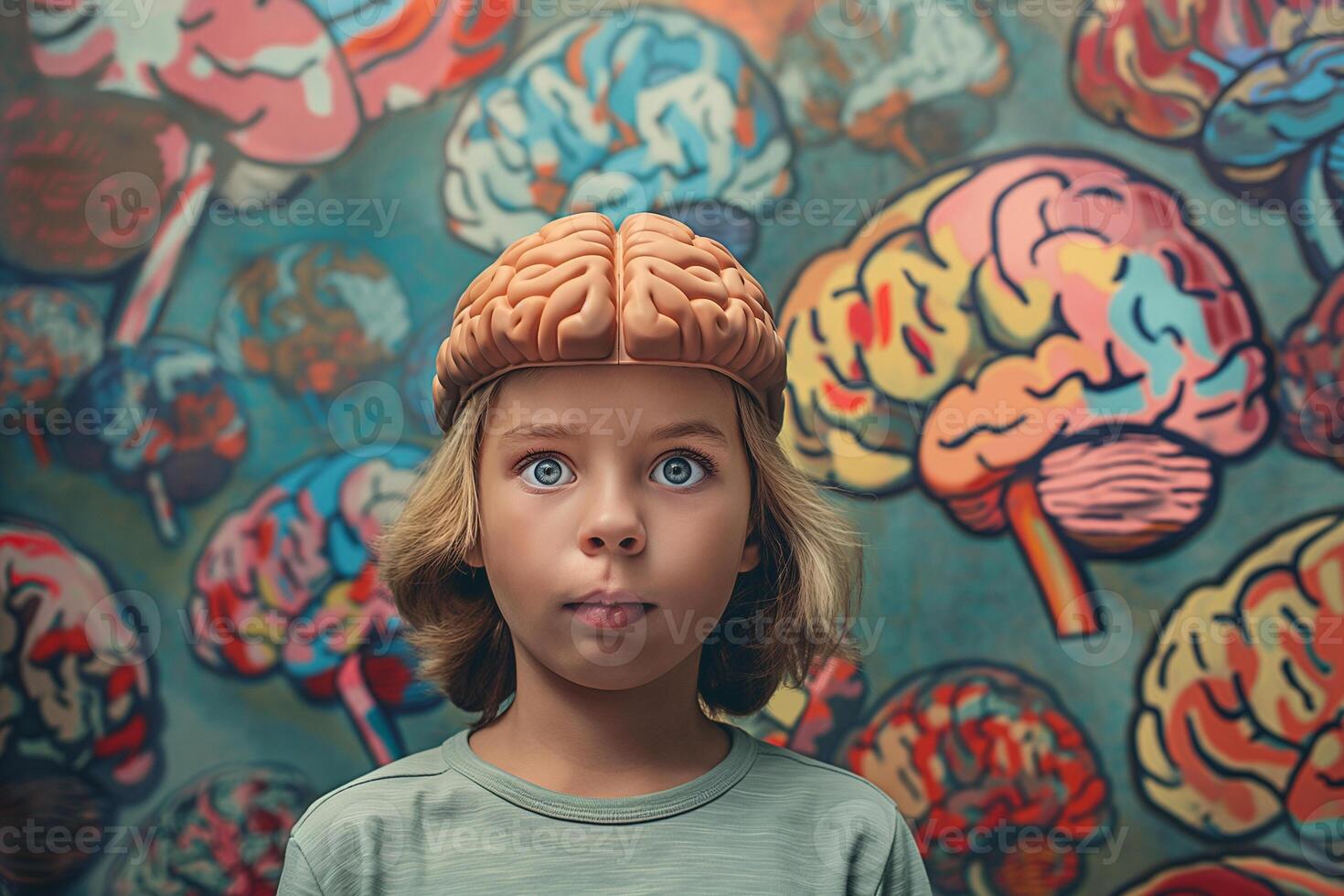 ai generado linda niña en pie con cerebro bosquejo dibujado rompecabezas geométrico brillante inteligente creativo pensamiento. foto