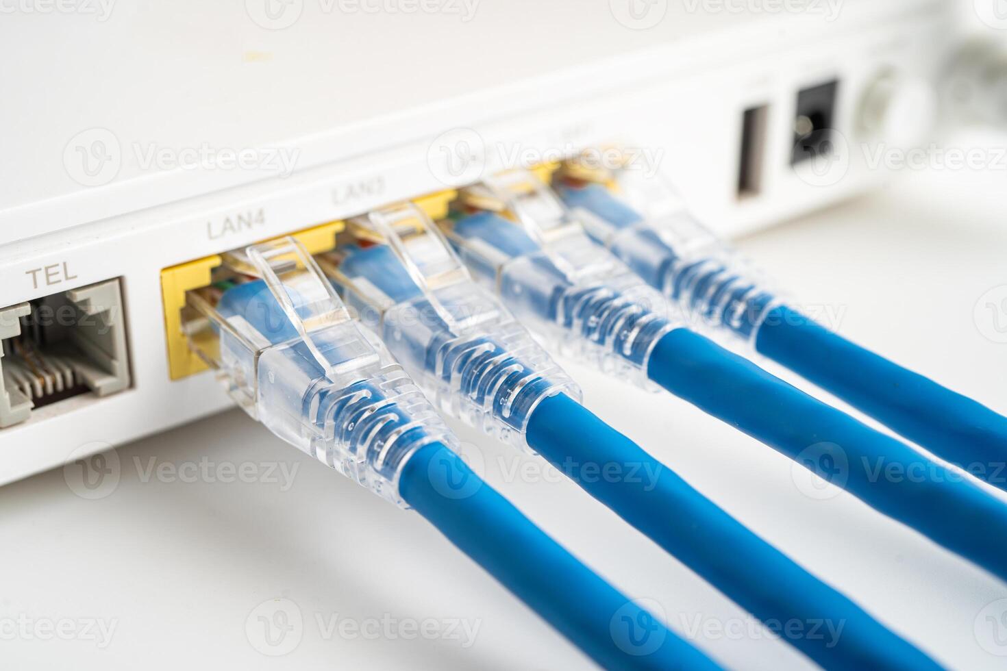 Ethernet cable with wireless router connect to internet service provider internet network. photo