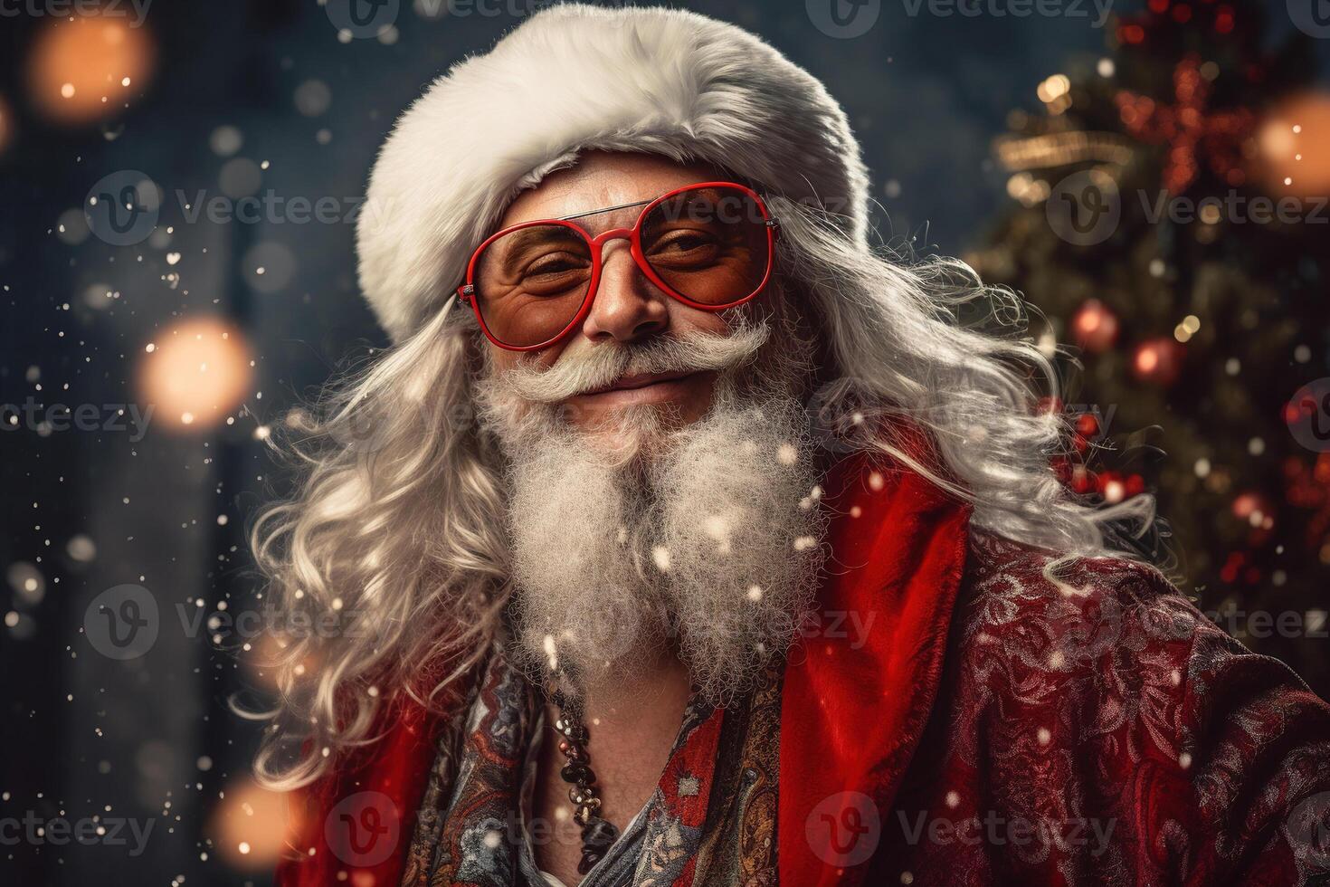 AI generated Brutal Santa Claus, smiling senior hipster man in glasses, a Christmas red hat on background of decorated tree on a snowy evening. Xmas holiday concept photo