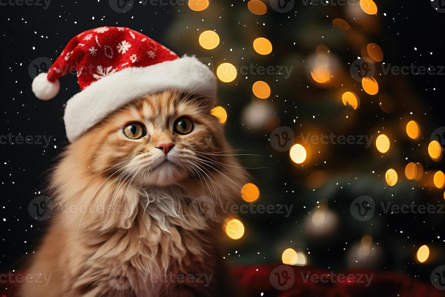 AI generated Cute cat in red hat on christmas snowy night, holiday bokeh lights with copy space photo