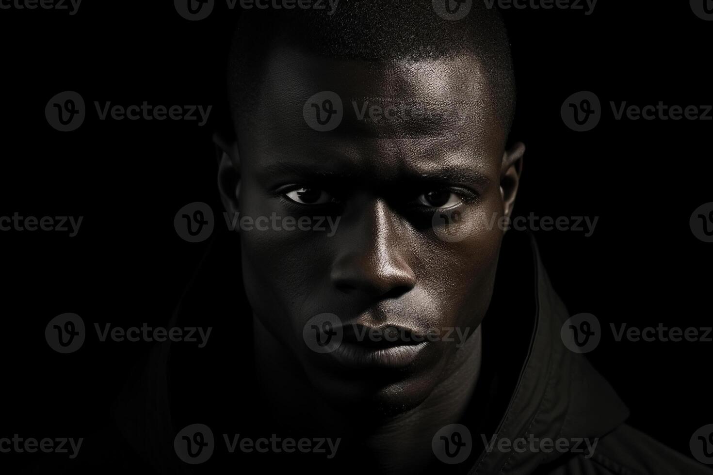 ai generado disparo a la cabeza ceñudo afro americano hombre en negro capucha mirando a cámara foto