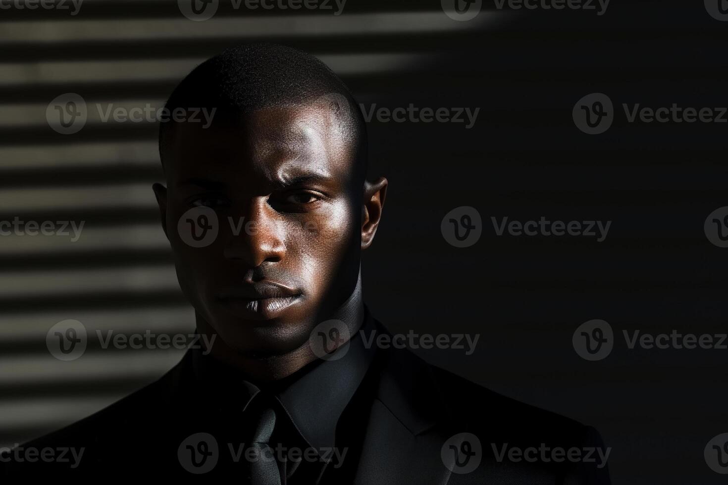 AI generated Portrait of confident frowning afro american man in black suit, male fashion model looking at camera on dark background, magazine style photo