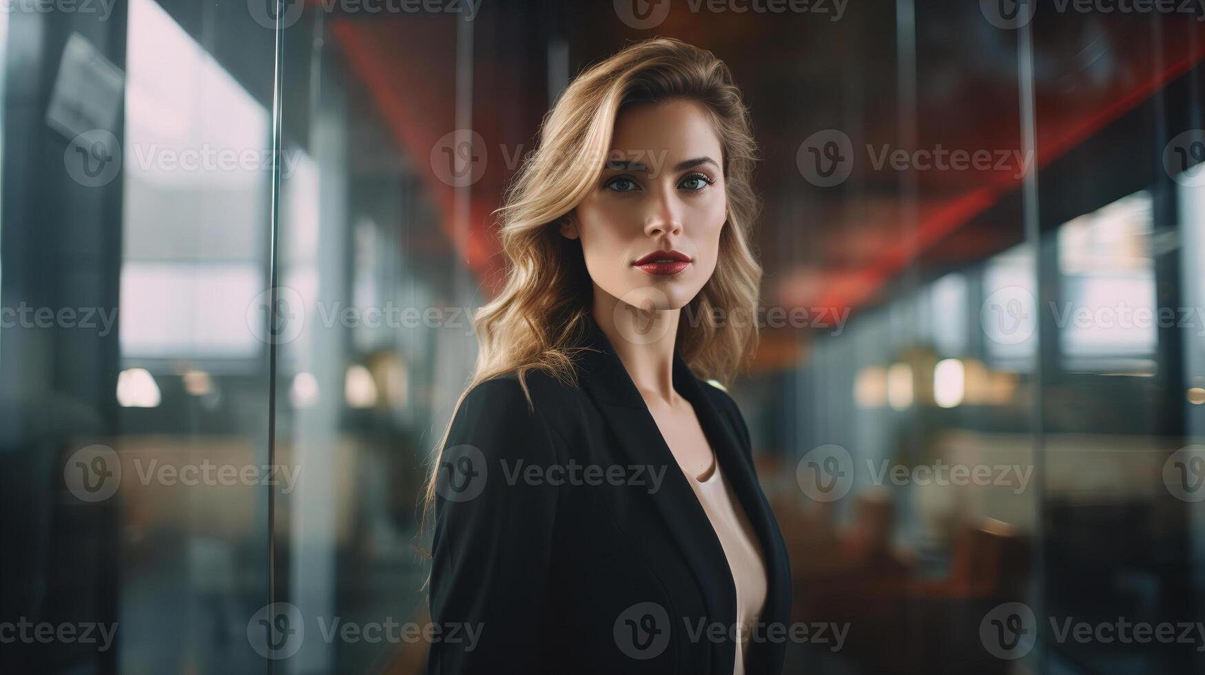 AI generated Beautiful charismatic pretty secretary or businesswoman in office, portrait caucasian female manager or boss in suit indoors looking at camera photo