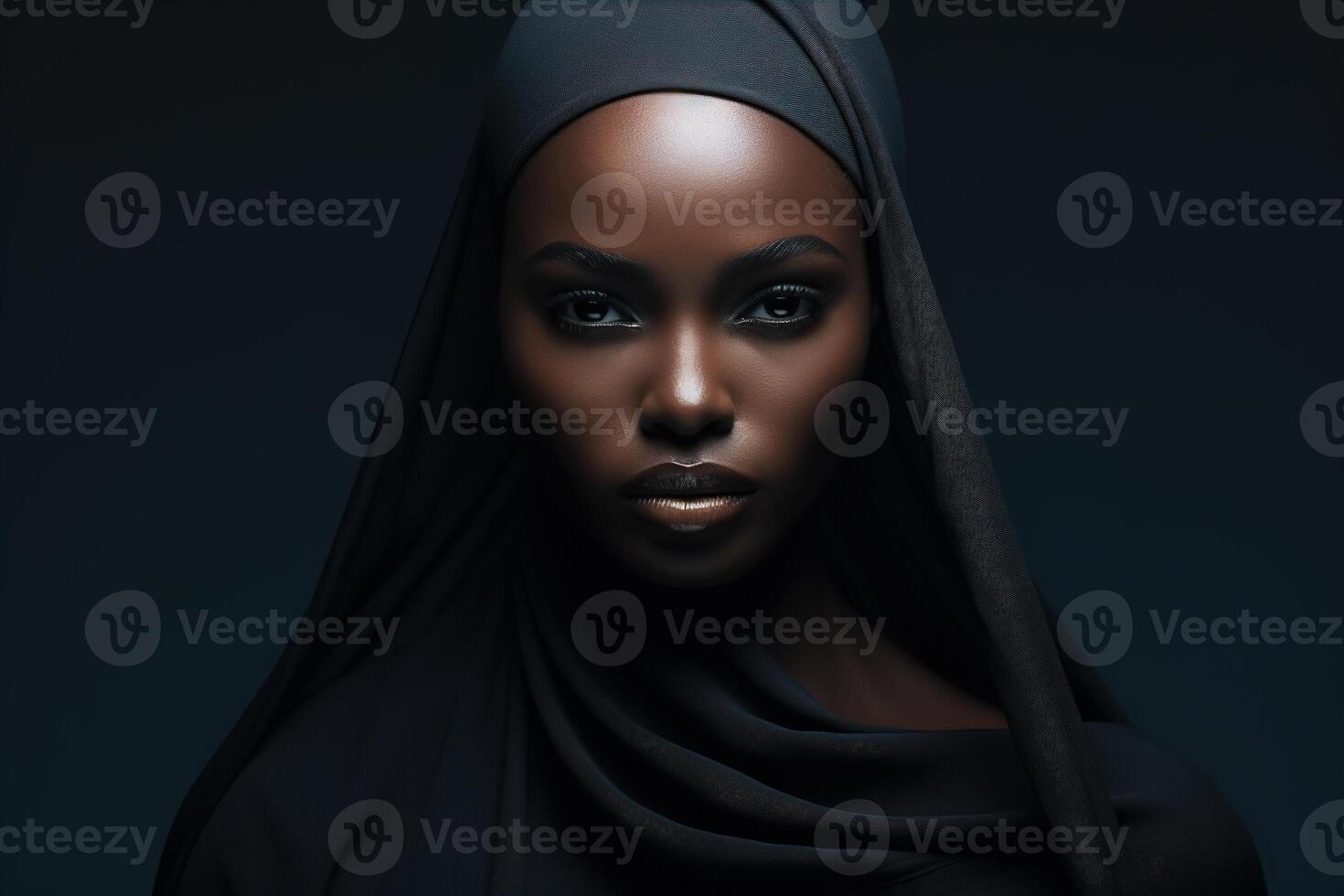 AI generated Beautiful serious confident african american woman in black hijab headscarf looking at camera, low key portrait photo