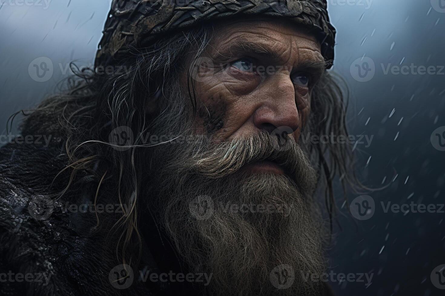 AI generated Medieval tired dirty old man looking away on rainy evening, wrinkled face close-up photo