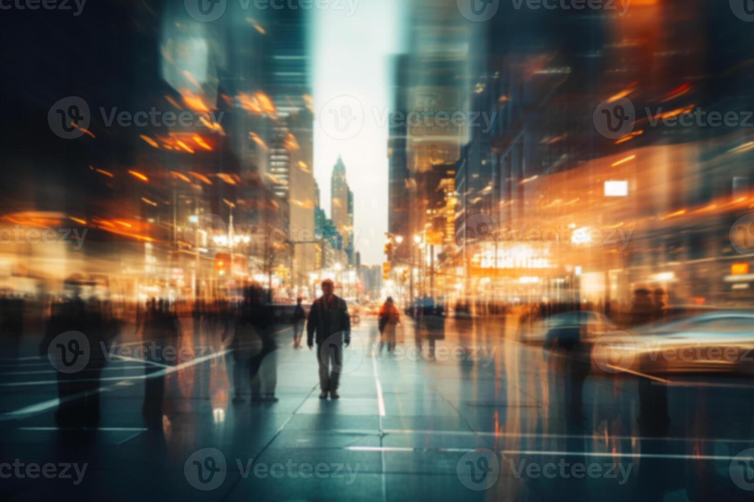 AI generated Blur crowd of walking people, defocus vanity and city nightlife, evening rush hour photo