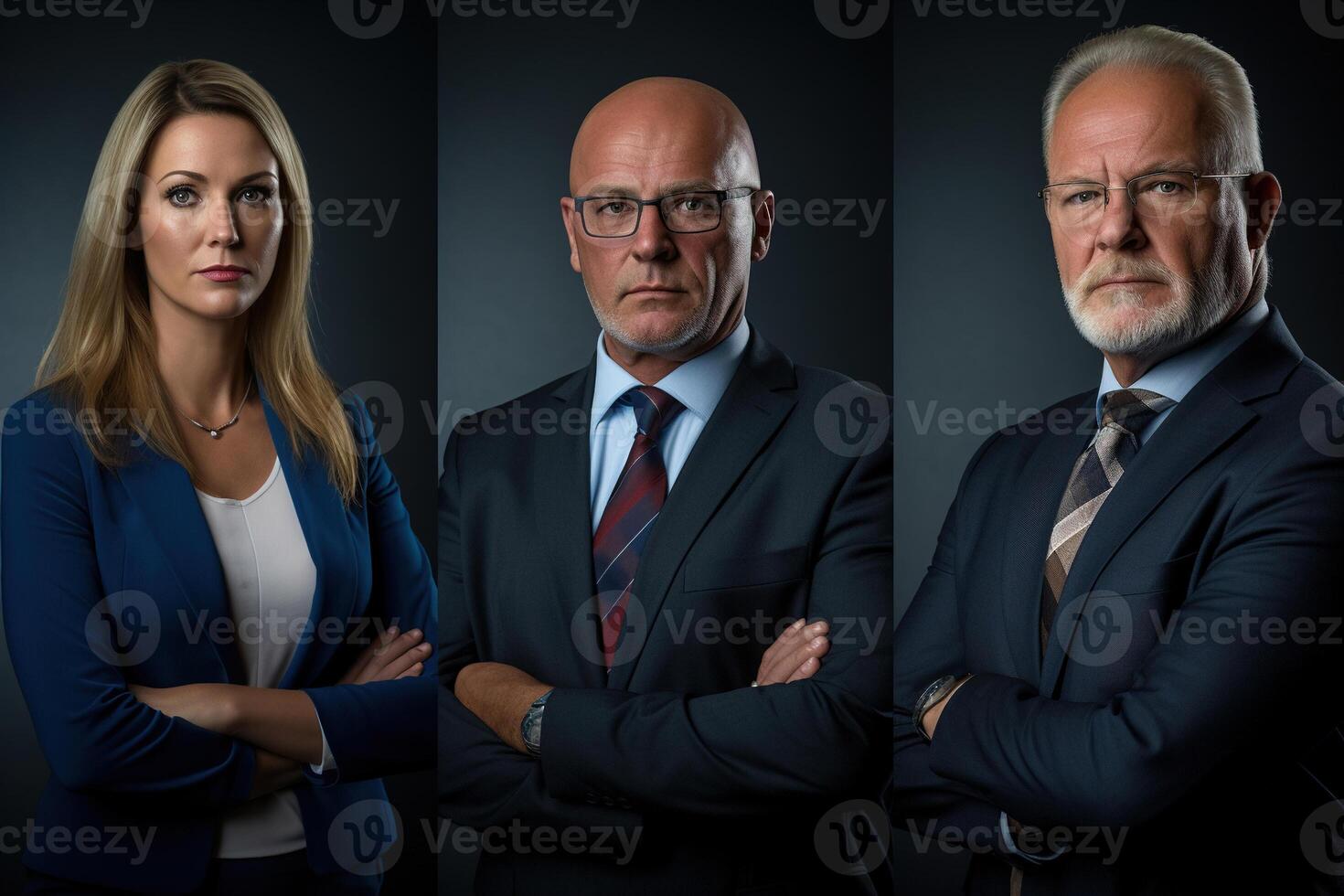 AI generated Gender diversity, portrait of businessmen of different gender set. Stylish and successful men and woman in suits, business team photo