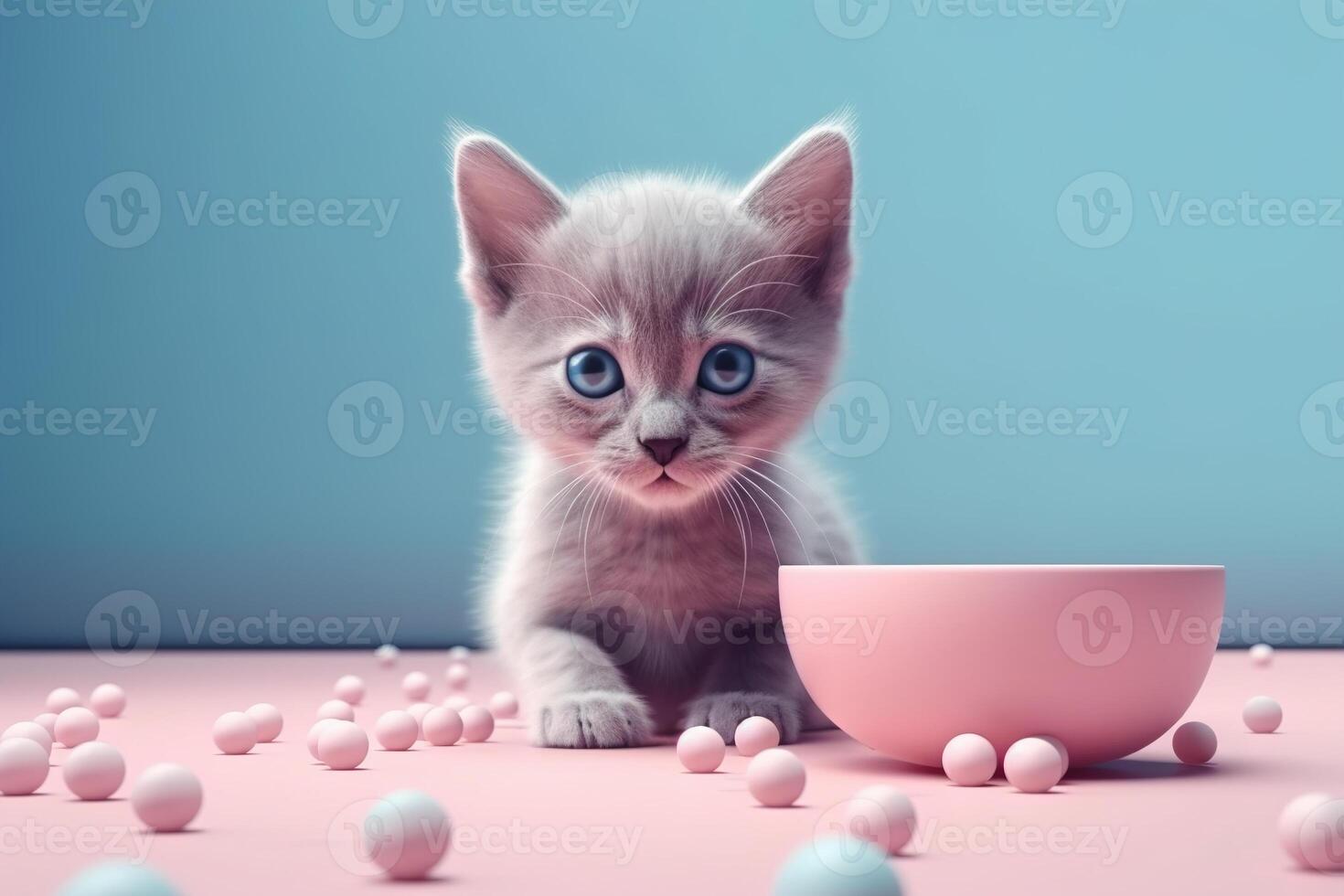 ai generado gris mullido gatito sentado cerca un rosado cuenco de comida en un azul antecedentes foto