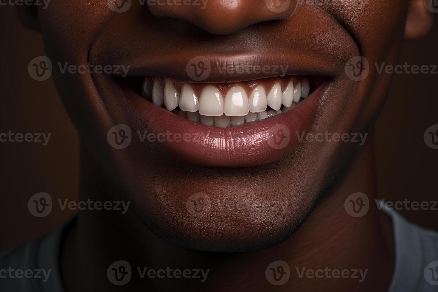 AI generated Close-up of male beautiful healthy smile, front view of African American lips and clean white even teeth. Advertising stomatology and orthodontist, oral care and hygiene concept photo