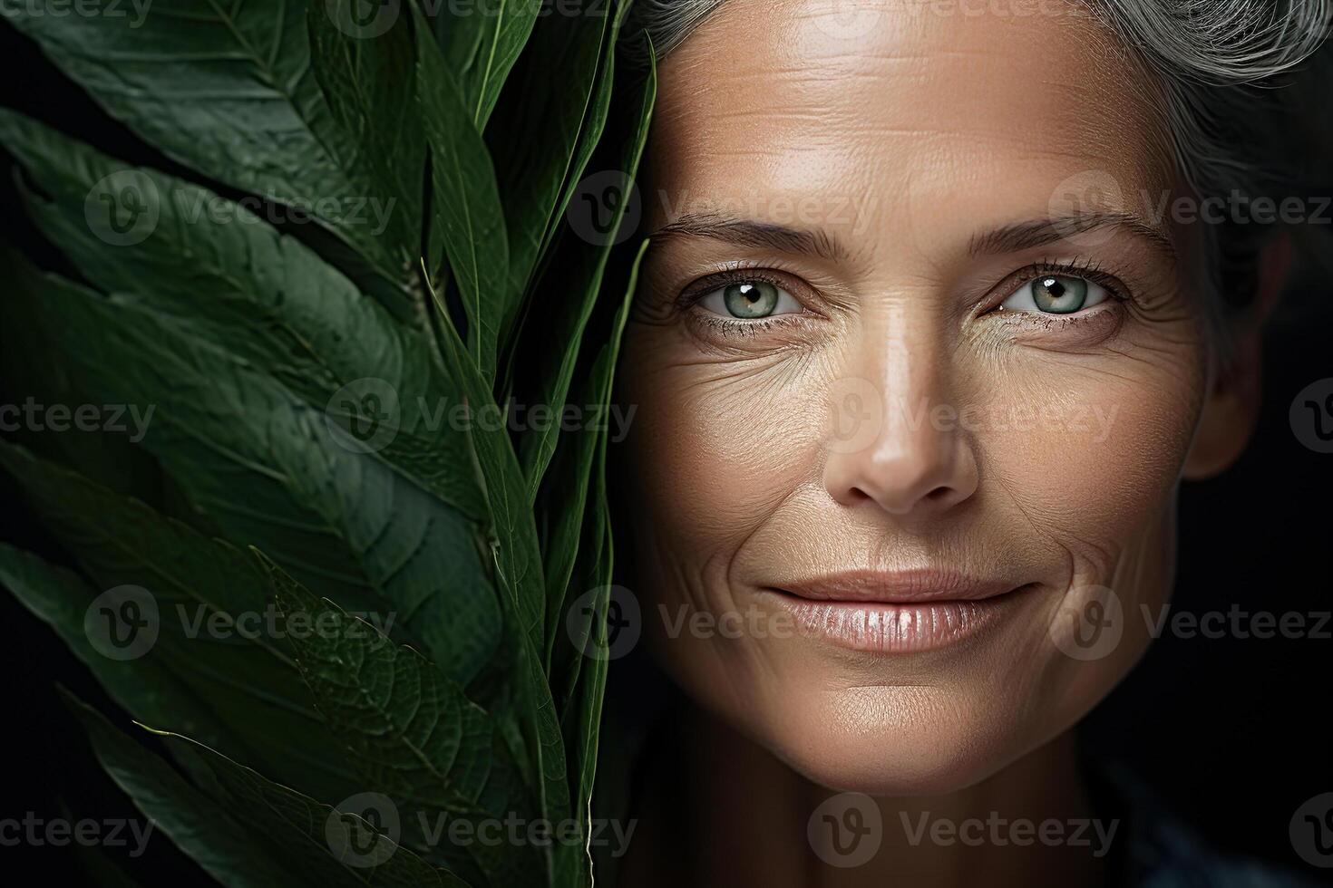 AI generated Beautiful middle aged woman model and big green leaves, portrait caucasian elderly lady looking at camera. Senior people and beauty, skincare concept photo