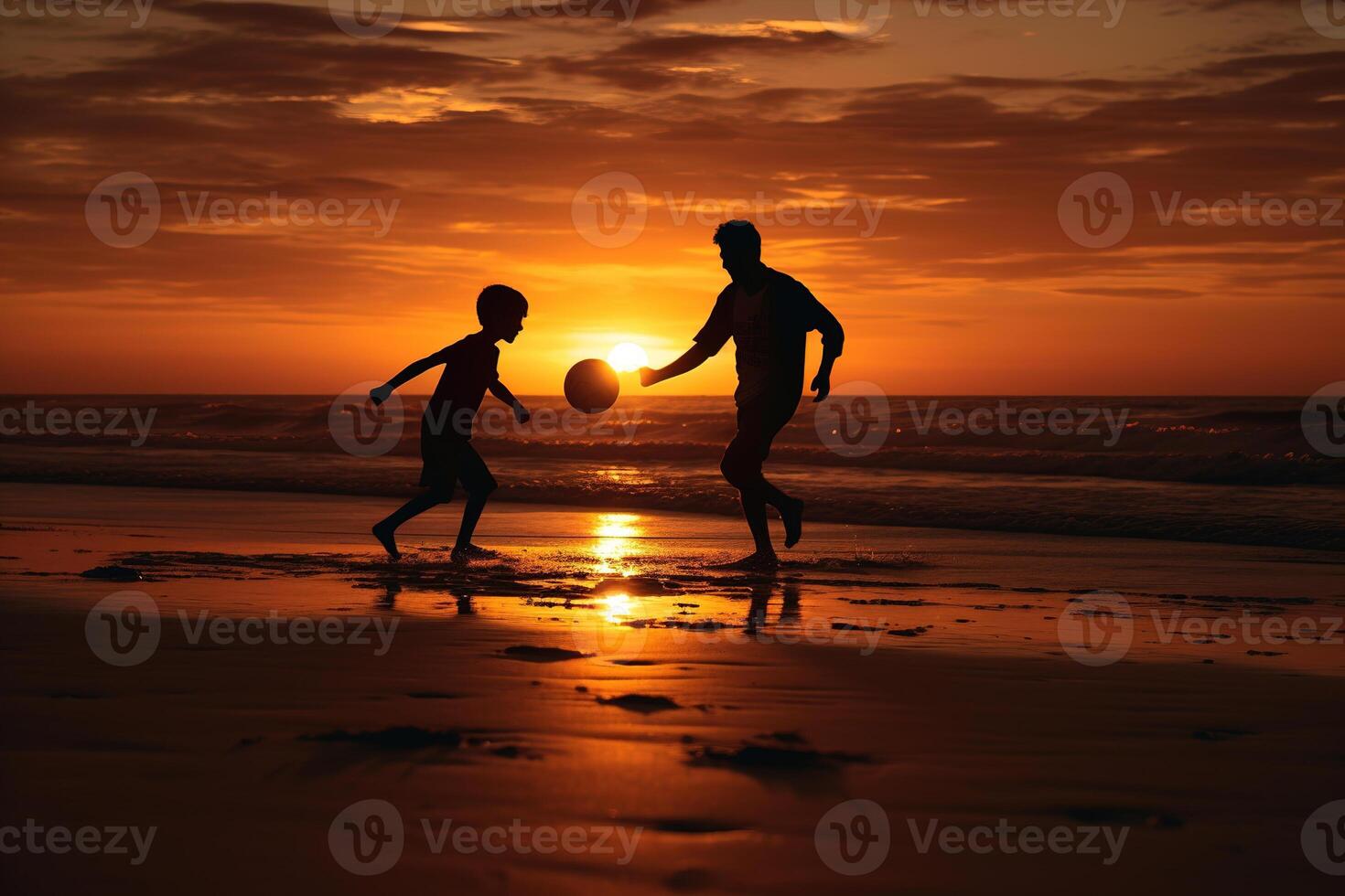 ai generado silueta padre y hijo jugando con un pelota en el costa a puesta de sol foto