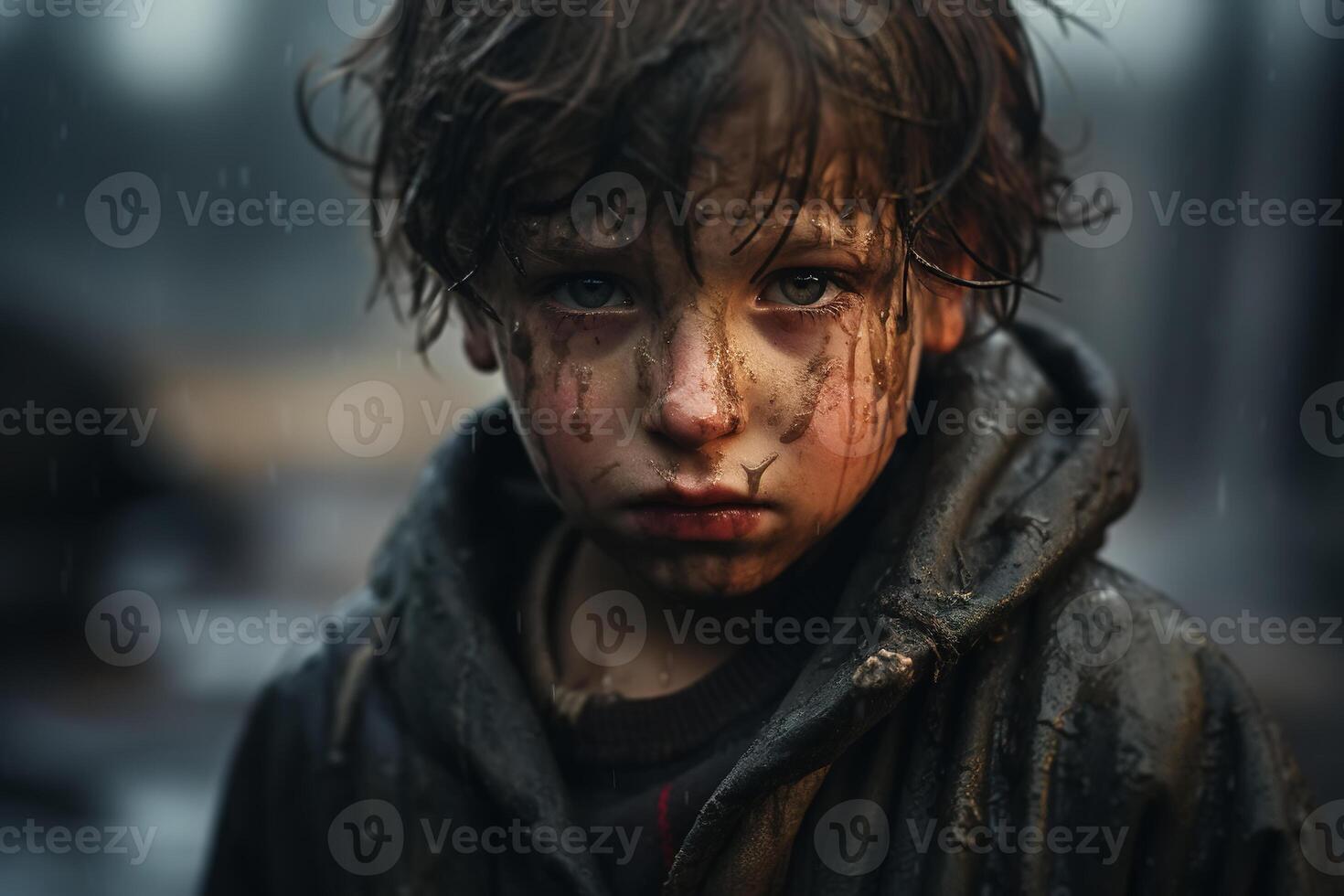 ai generado retrato de un triste sucio niño en húmedo ropa mirando a cámara, pequeño pobre chico al aire libre. social problemas foto