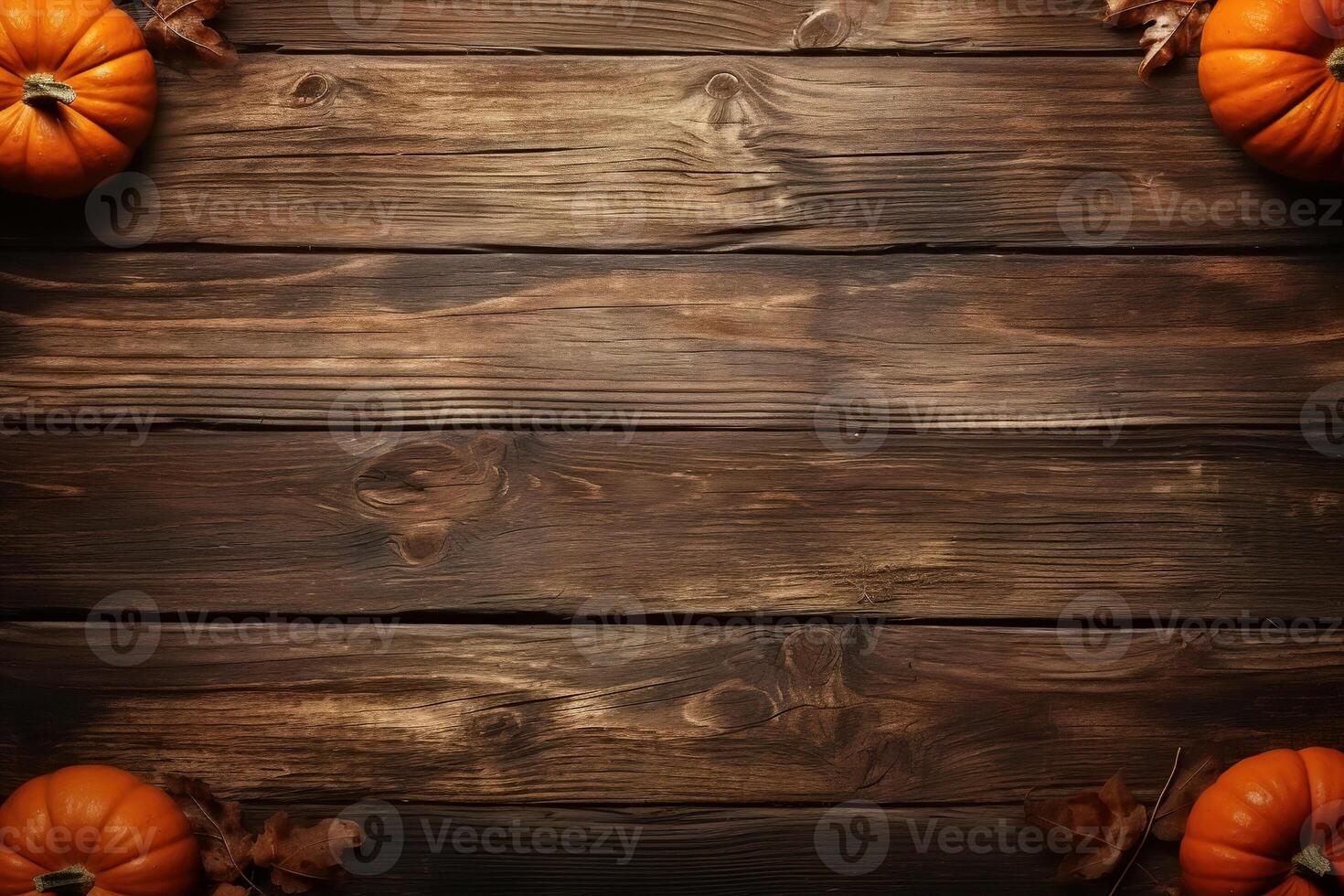 AI generated Top view orange ripe pumpkins in corners on a wooden background with copy space photo