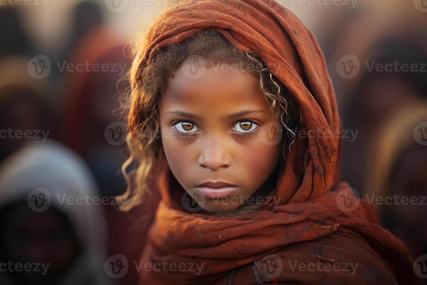 ai generado retrato de hermosa linda afgano o africano niña en Pañuelo mirando a cámara, al aire libre. social niño problemas concepto foto