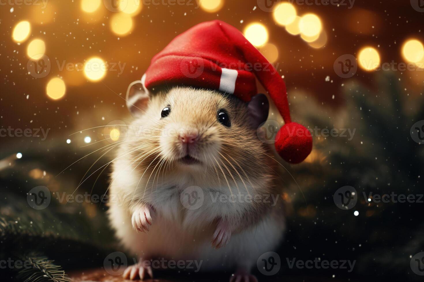 AI generated Christmas hamster in a red hat standing on a festive background. Close-up funny cute fluffy rodent, lights and bokeh tree photo