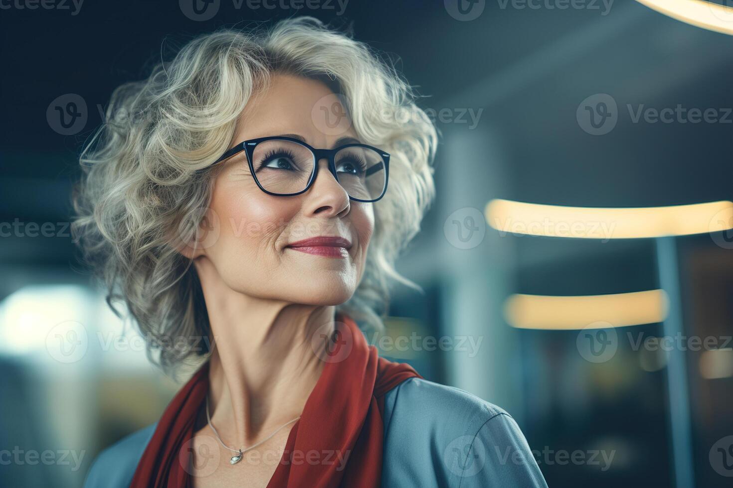 ai generado bonito medio Envejecido negocio mujer en lentes en oficina mirando lejos, Copiar espacio. caucásico mayor mujer de negocios con gris peinado adentro foto