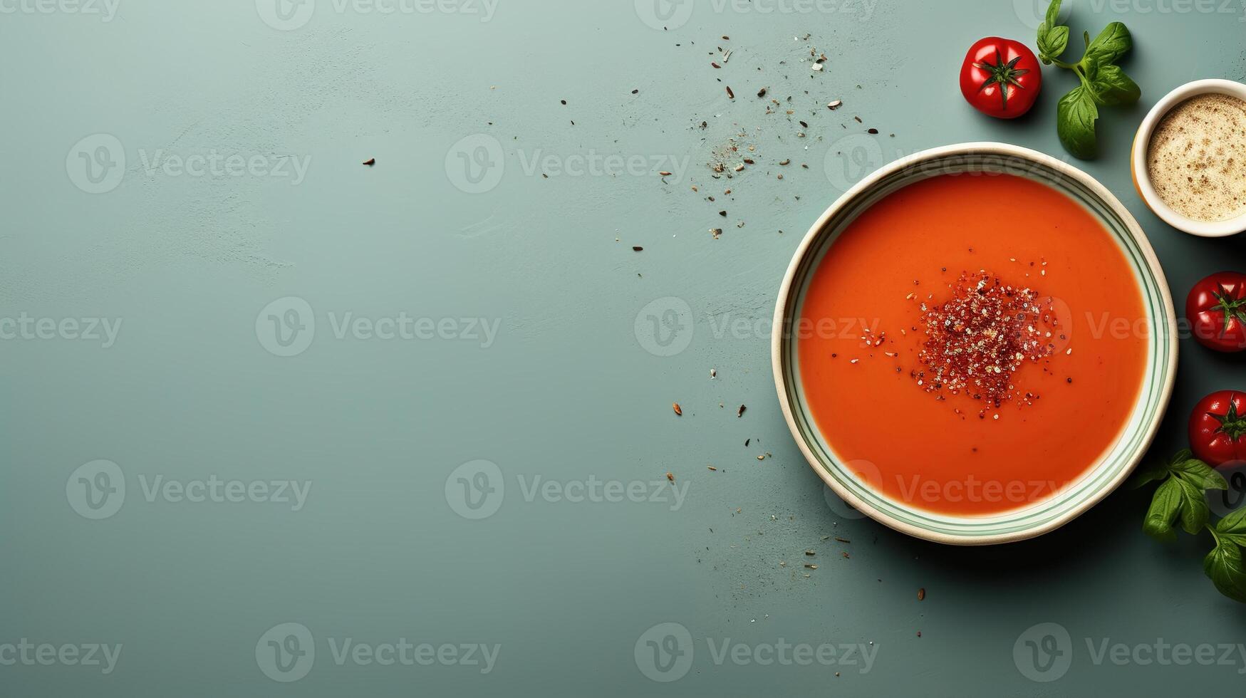 AI generated Top view tomato soup with spices and ingredients on blue background, copy space banner photo
