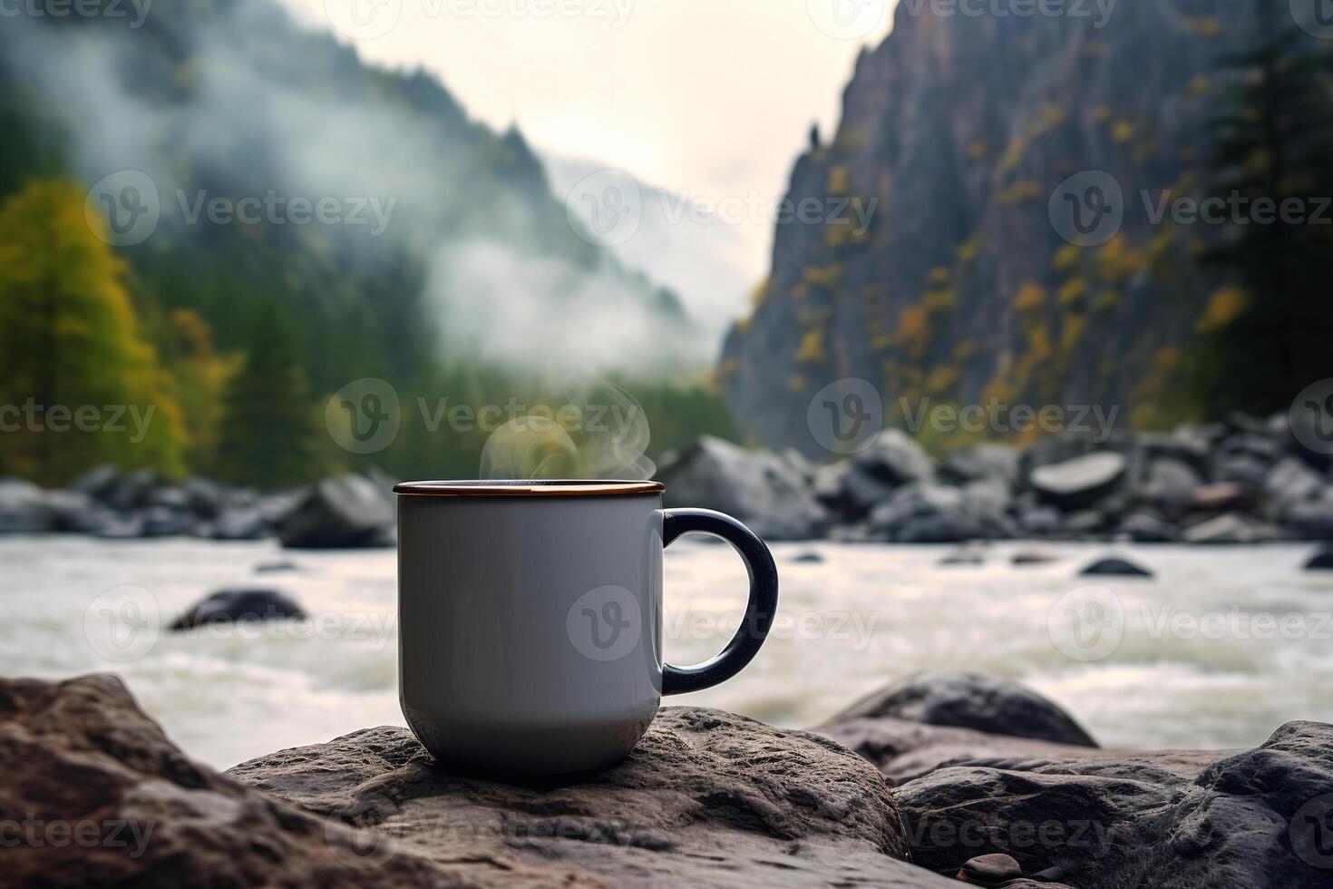 AI generated Mug with hot drink and steam standing against backdrop of mountains near stream, simple cup mock-up in nature photo