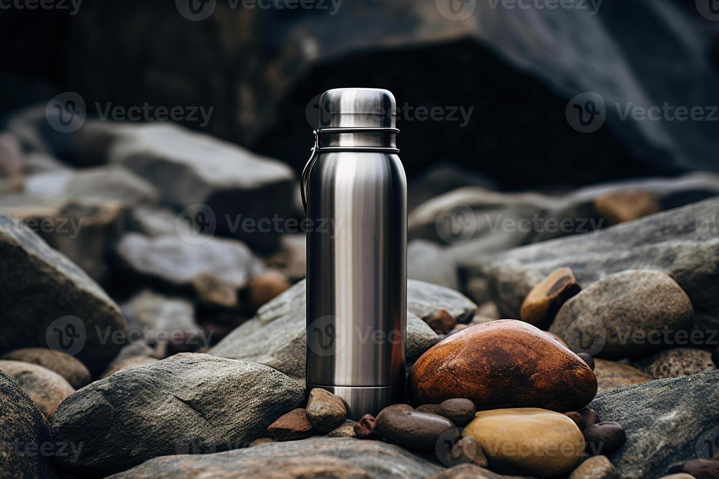 AI generated Metal clean camping thermos on stones. Close-up of an iron flask outdoors photo