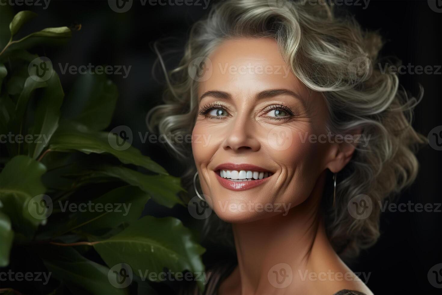 AI generated Senior people and beauty, skincare concept. Smiling beautiful cheerful middle aged woman model and big green leaves, caucasian elegant elderly lady looking at camera photo