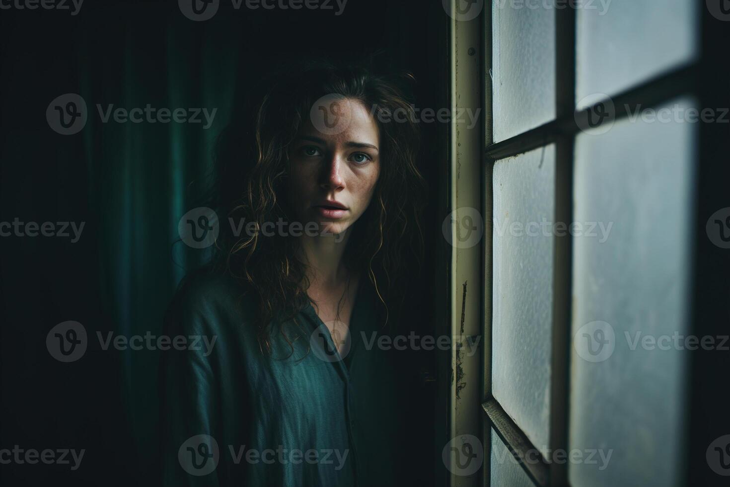 AI generated Female psychology problems, abuse, depression, melancholy, mental disorder concept. Exhausted sad young woman at window alone in room looking at camera photo