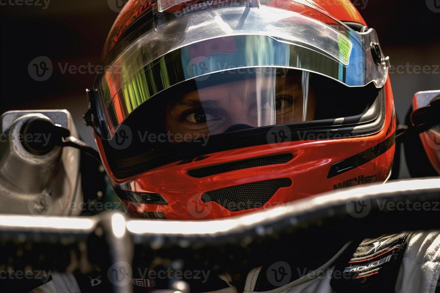 AI generated Close-up of a serious male bolide racer in a protective helmet looking at camera, racing sport photo