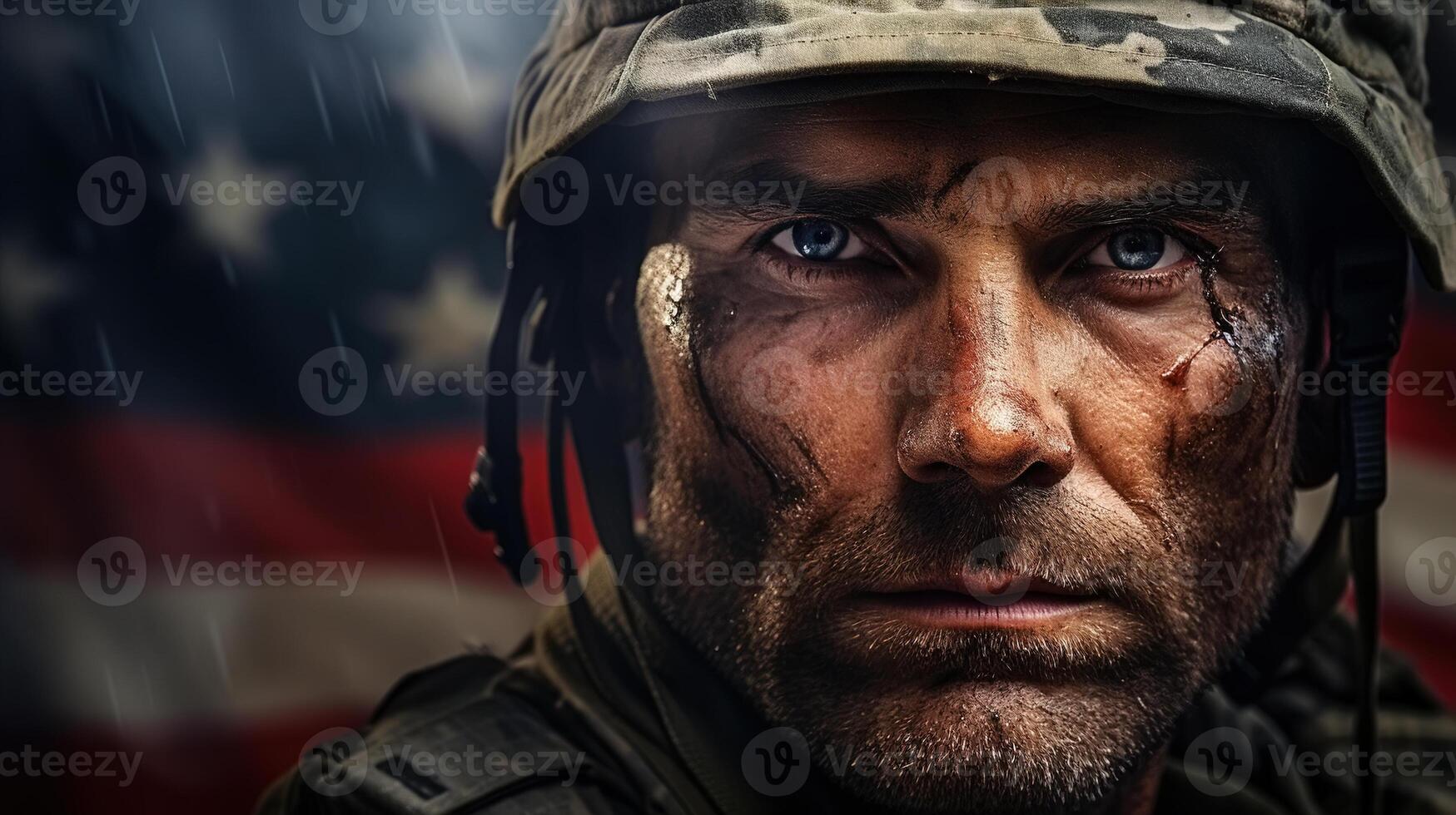 AI generated Patriot day. Dirty wounded soldier in uniform and helmet on background of American flag photo