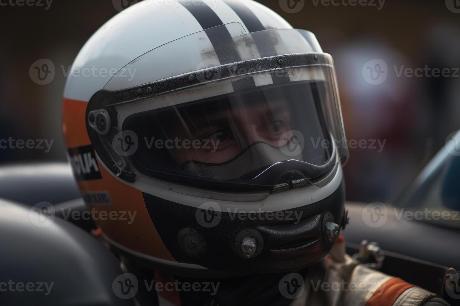 AI generated Portrait of race car racer in hardhat looking away, racing sport photo