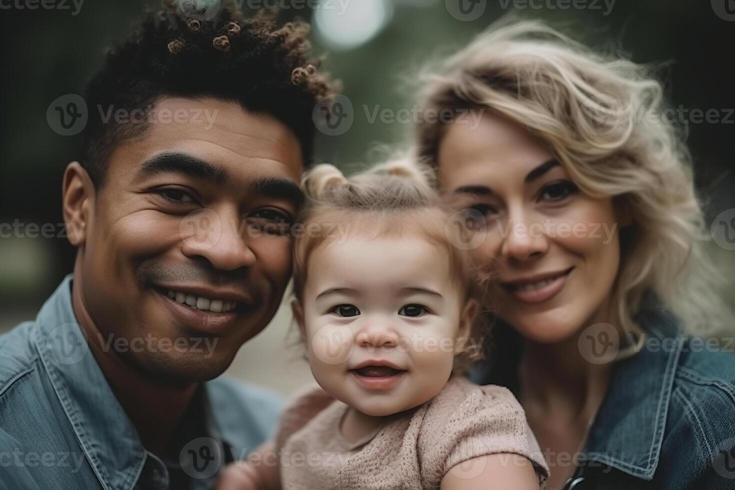 ai generado interracial familia, retrato de multi étnico padres con linda hija al aire libre foto