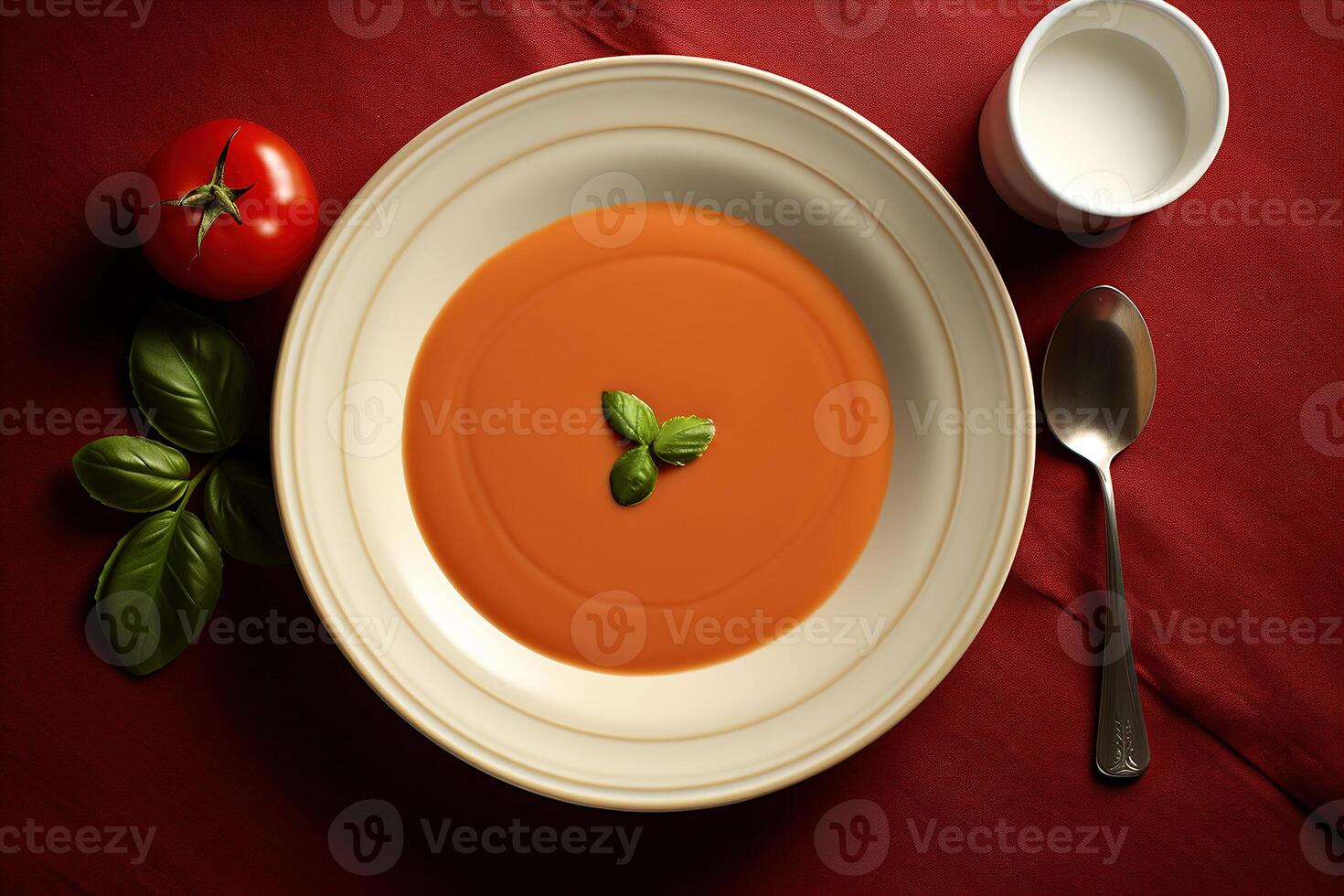 AI generated Soup minimalism, top view tomato thick soup in a plate with a spoon on a red tablecloth photo