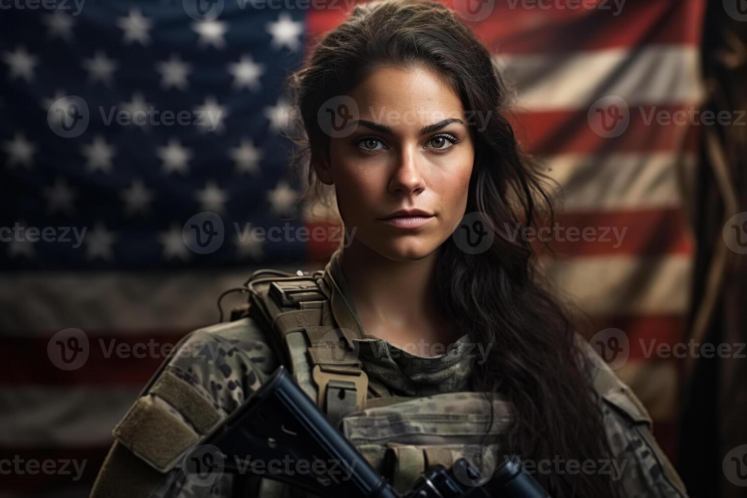 AI generated Portrait caucasian young woman soldier in military uniform with weapons on usa flag background looking at camera, patriot day concept photo