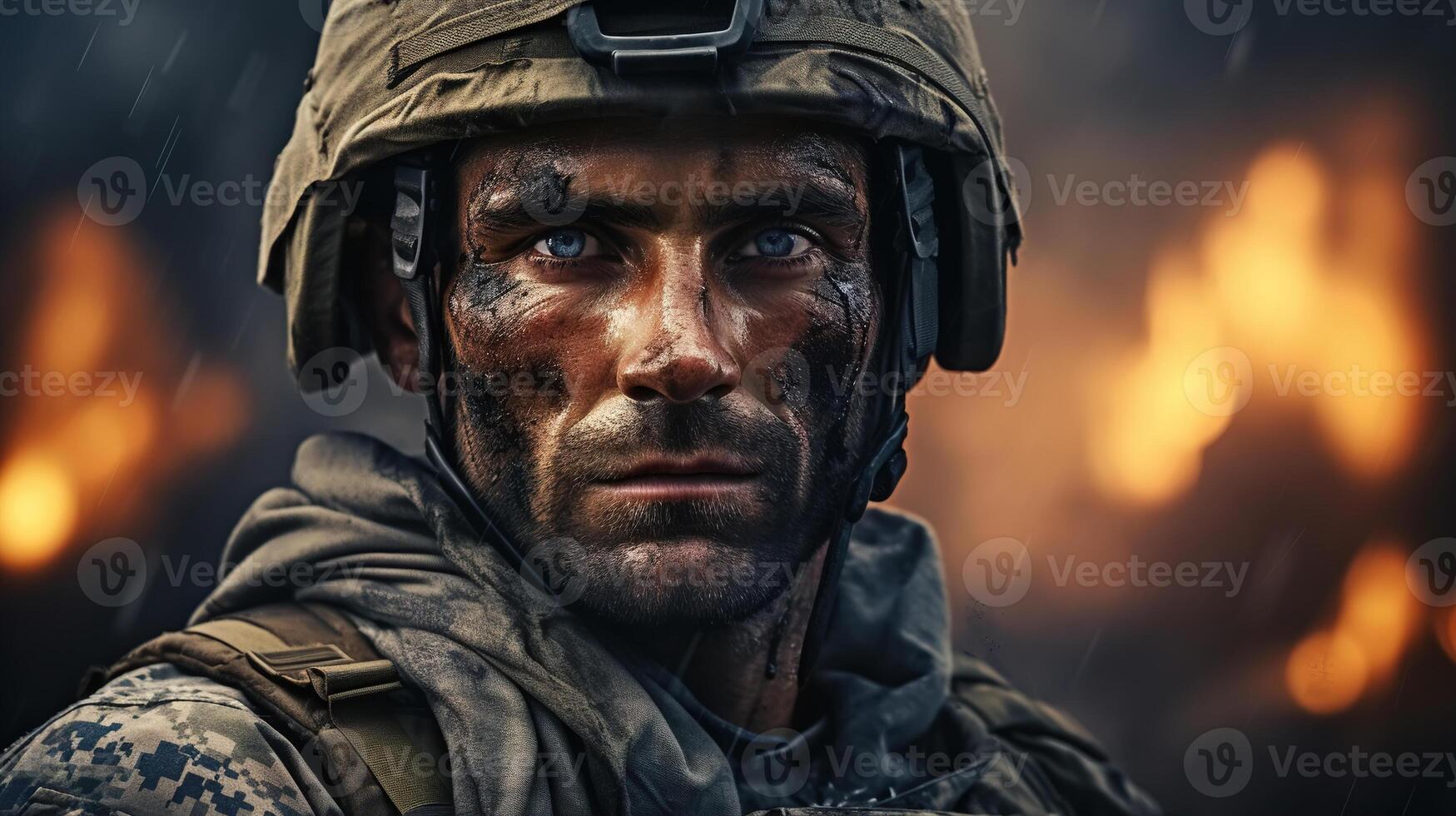 AI generated Dirty wounded soldier in uniform and helmet in war, portrait of tired strong man looking at camera against backdrop of fire photo
