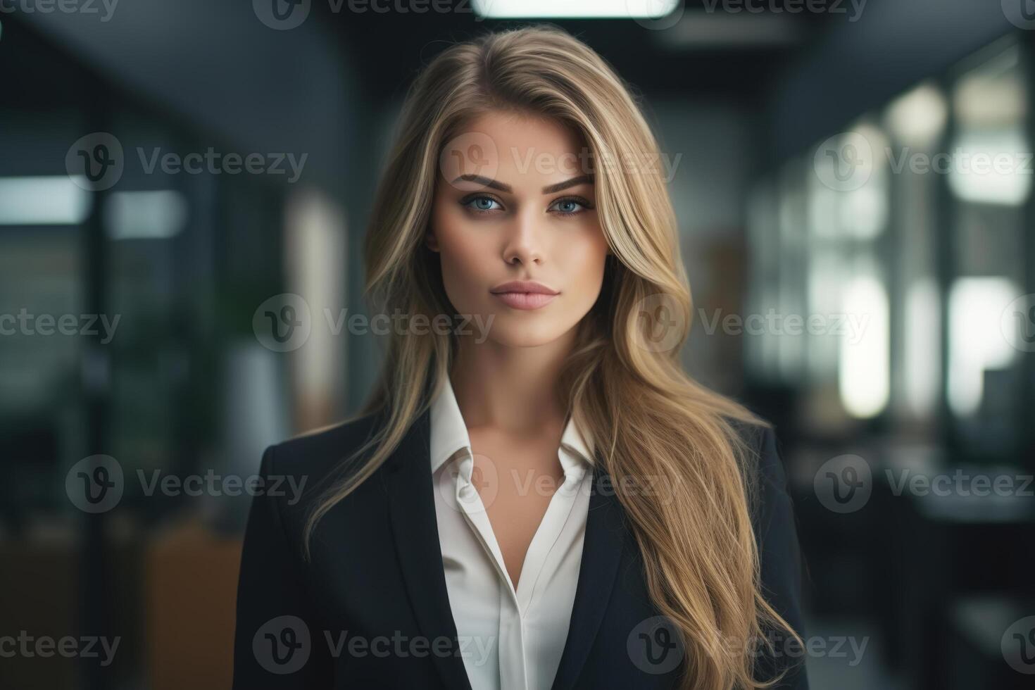 AI generated Business portrait stylish confident young businesswoman wearing suit in office and looking at camera, caucasian beautiful female manager or boss indoors photo