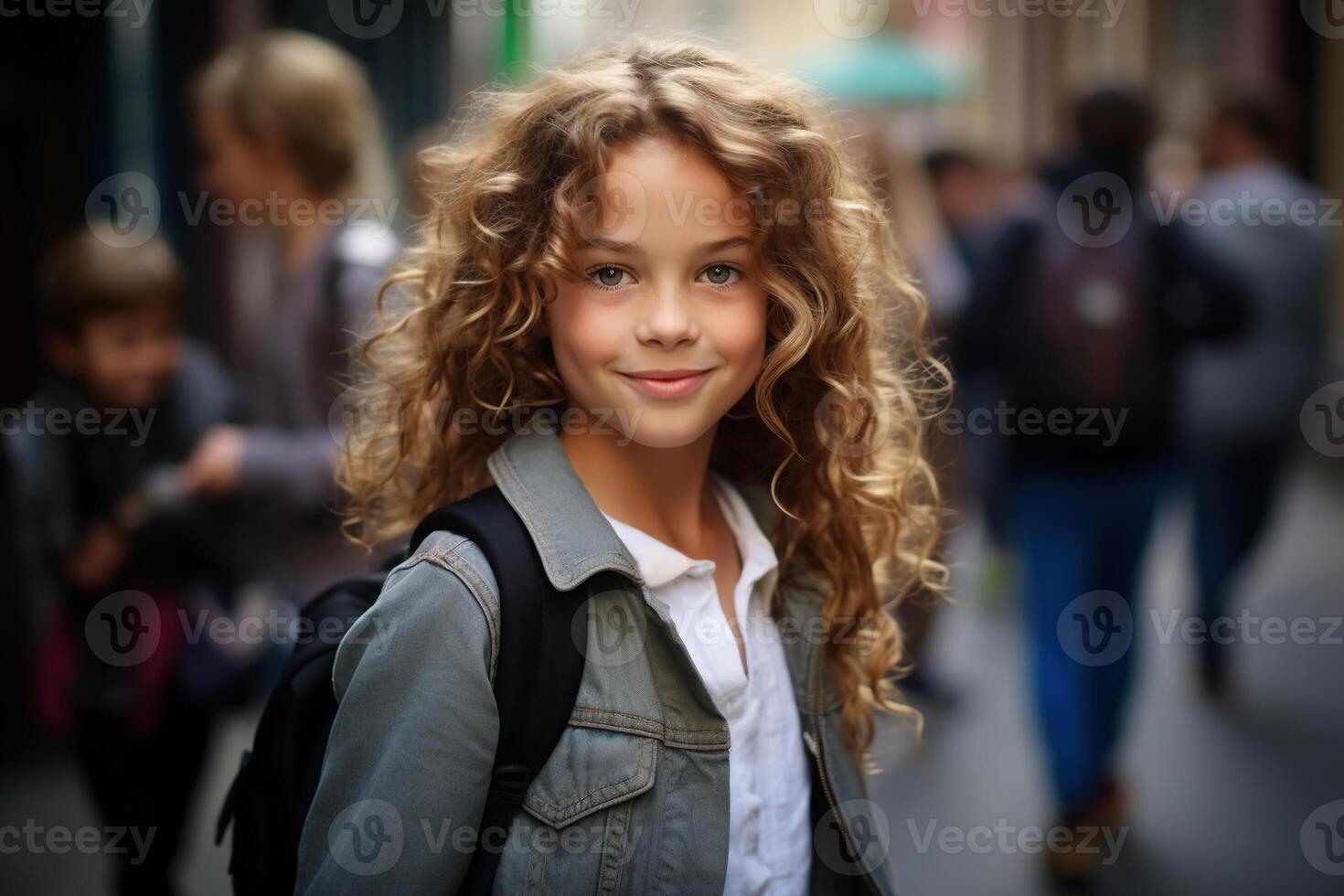 ai generado linda sonriente Chica de escuela yendo a escuela, retrato Rizado caucásico niña con mochila al aire libre mirando a cámara foto