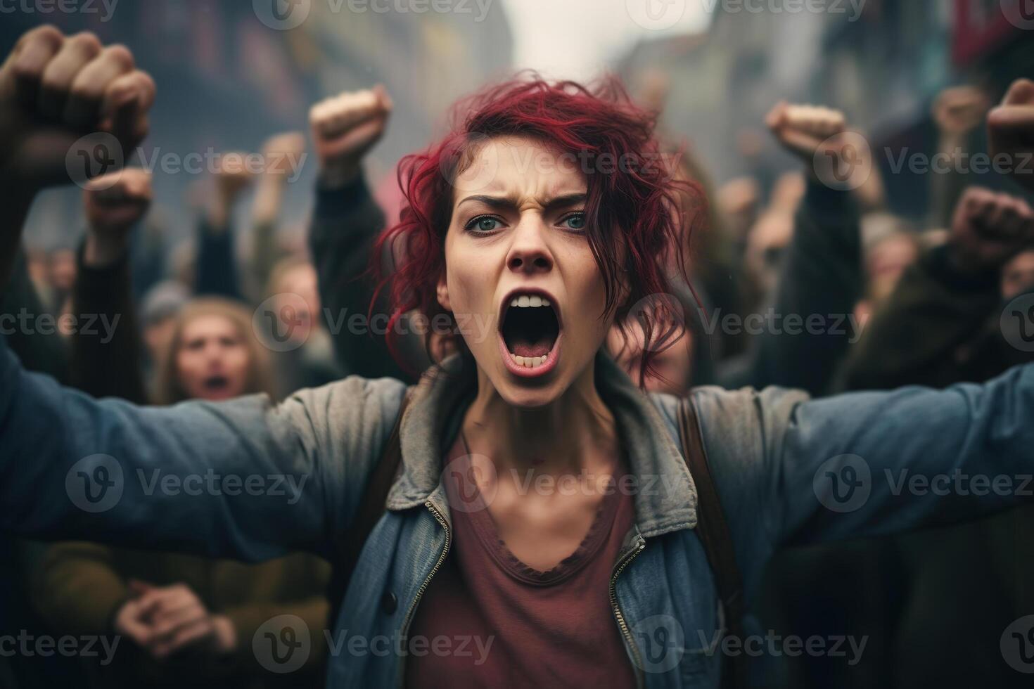 AI generated Protesting crowd of activists with raised hands, screaming aggressive caucasian woman on street. Rally, strike, riot concept photo