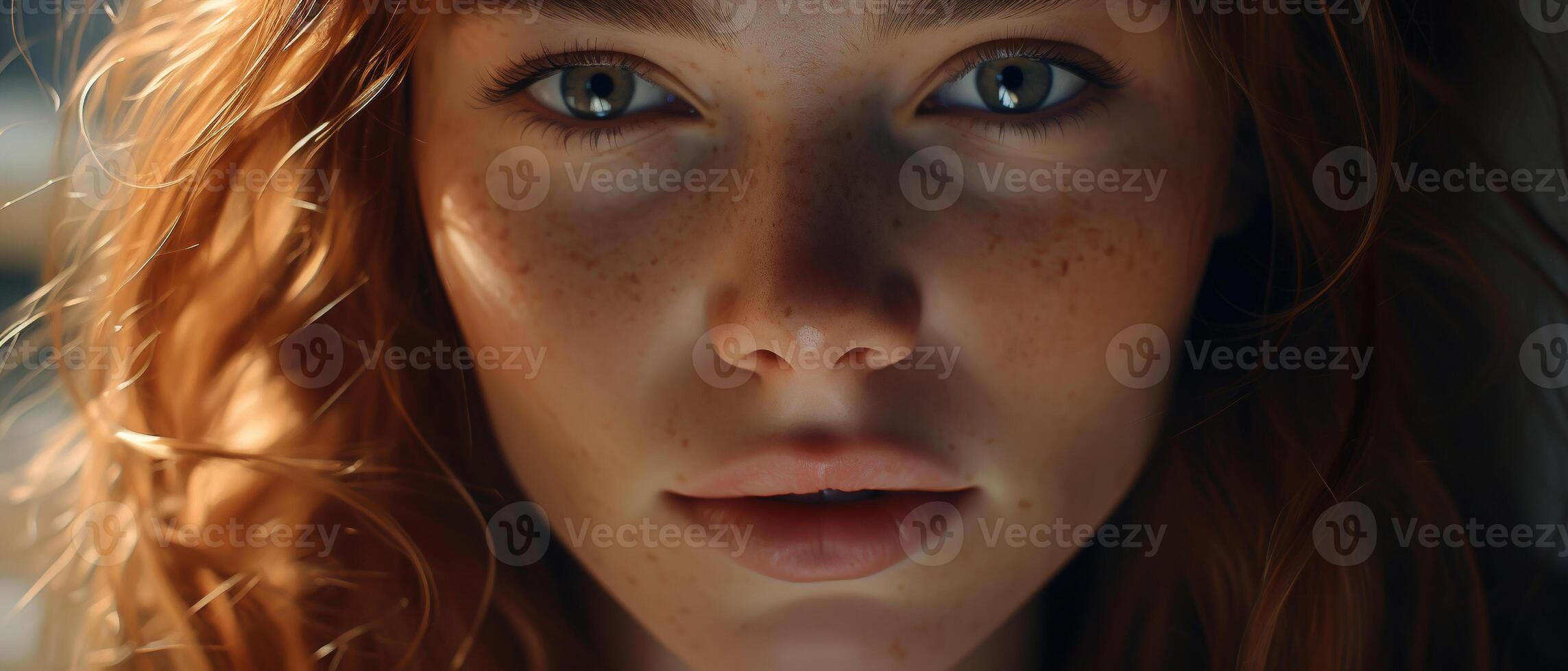 AI generated Charming red-haired young woman model with freckles looking at camera, close-up of female sensual face photo