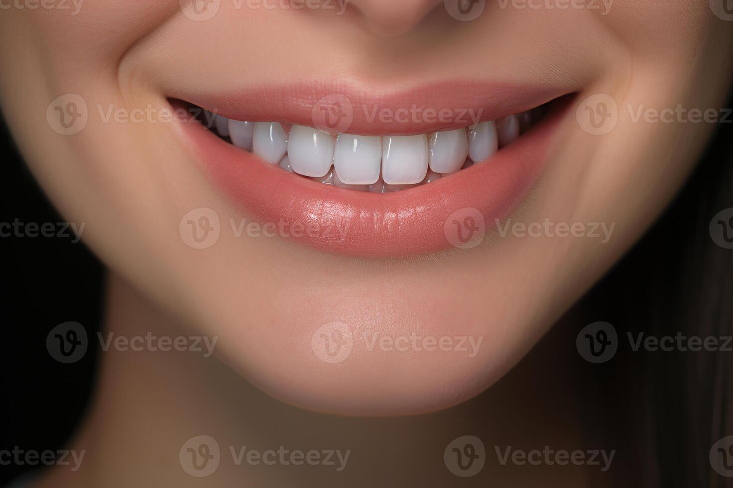 AI generated Close-up caucasian woman beautiful healthy smile, front view lips and clean white even teeth. Advertising stomatology and orthodontist, oral care and hygiene concept photo