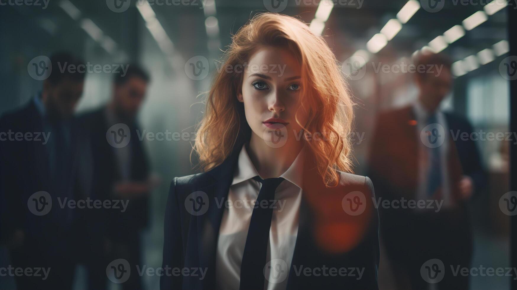 AI generated Tired depressed young woman secretary in a business suit surrounded by men out of focus. Harassment, gender discrimination, humiliation photo